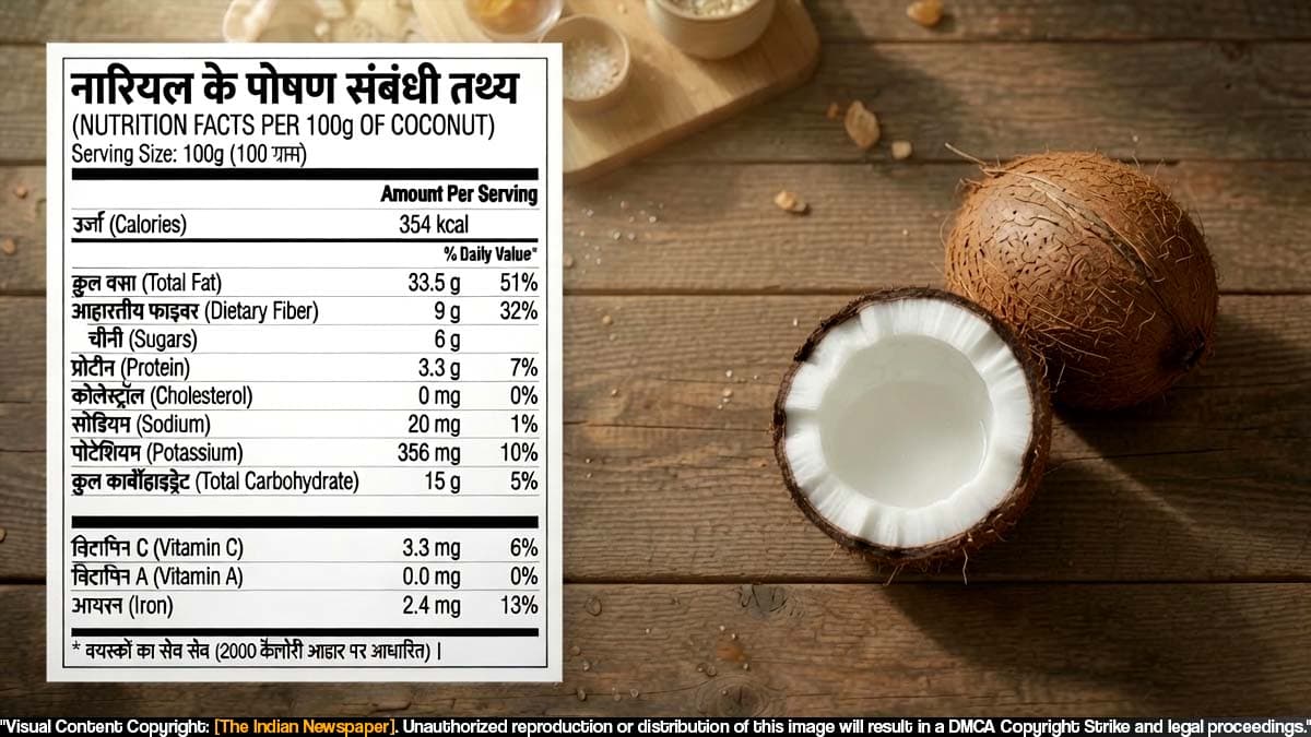 नारियल  (Coconut): Nutritional Value (प्रति 100 ग्राम) पोषण मूल्य, फायदे, सावधानियां और रोचक तथ्य